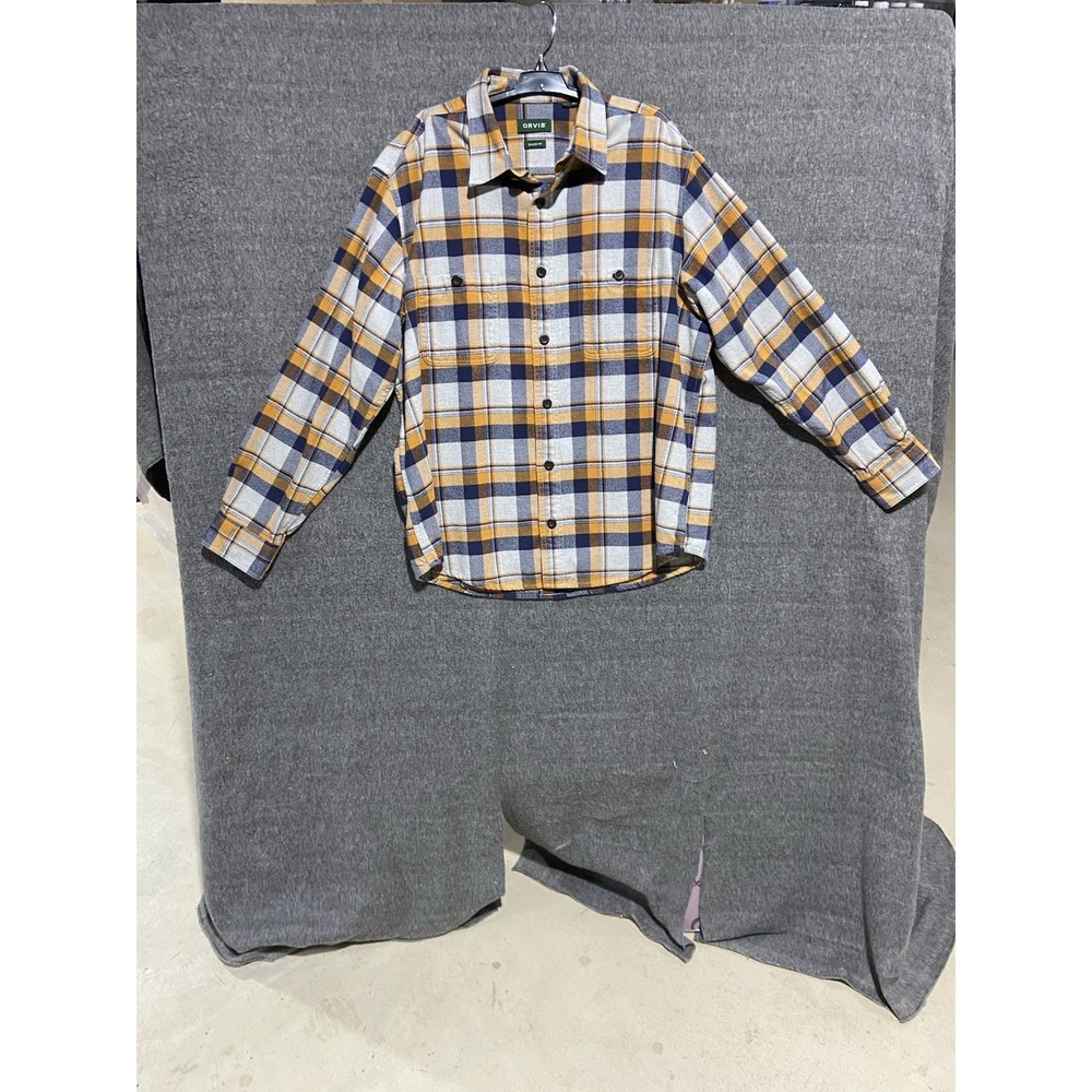 Orvis Mens‎ Plaid Flannel Shirt L Classic Fit Mustard Navy Blue Long Sleeve L/S
